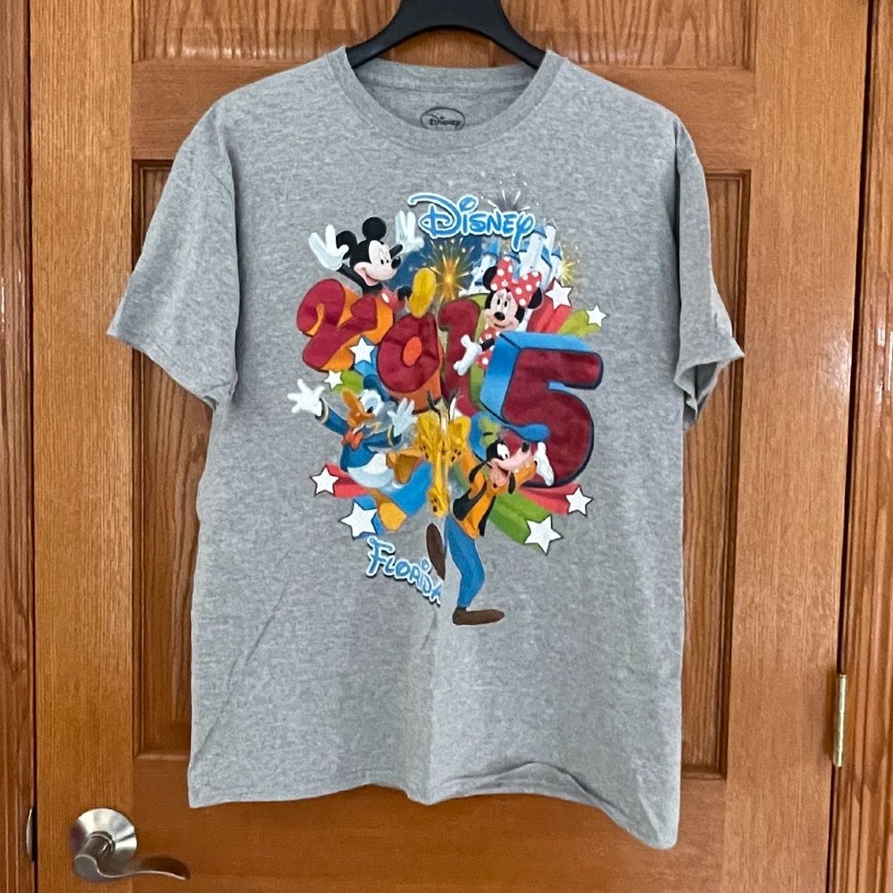 DISNEY WORLD FLORIDA 2015 Men's L Gray Short Sleeve T-Shirt Shirt Mickey Minnie